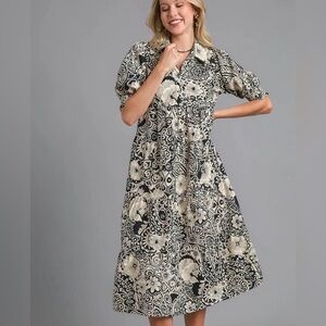 Umgee Navy and White Midi Dress